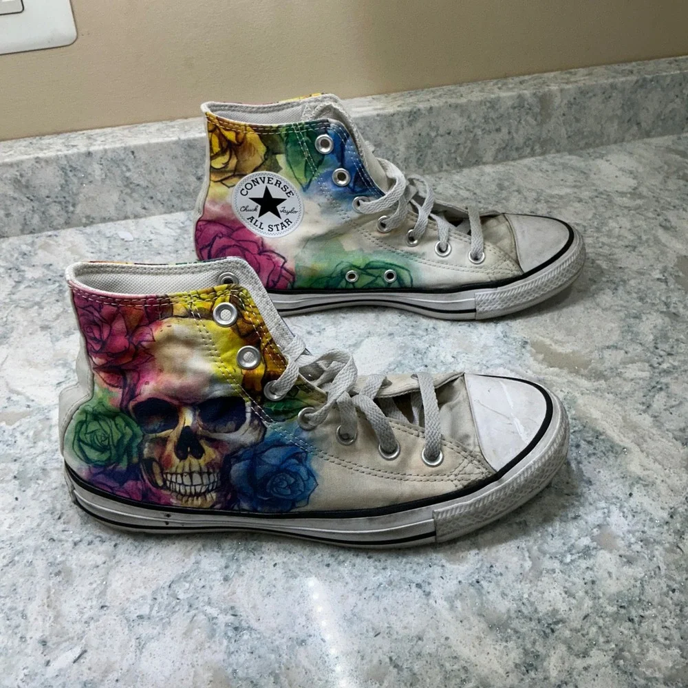 Converse High Top Chuck Taylor All Star W8 M6 Multi Skull Rose Watercolor Shoes